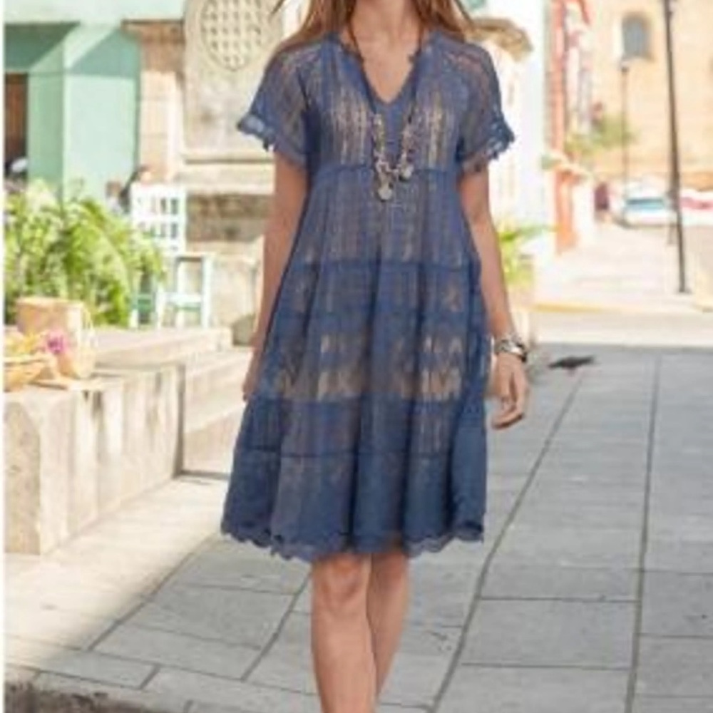 Sundance Sweep of Lace Lined Short Sleeve Blue Midi Dress Boho Size XS